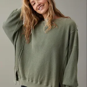 Aerie Oversized Waffle Knit Crew Knit Pullover Sweater in Olive Green S thumbnail 1