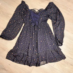 LUMIERE Navy Blue Polka Dot Lace Up Ruffle Mini Dress Womens‎ Small S thumbnail 4