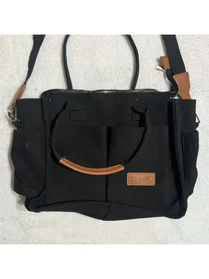 ZHMO Black Canvas Tote Bag with Brown Trim and Crossbody Strap thumbnail 2