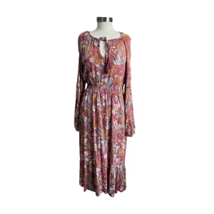Knox Rose Boho Floral Smocked Maxi Dress‎ Pink Long Sleeve Peasant Size M thumbnail 2