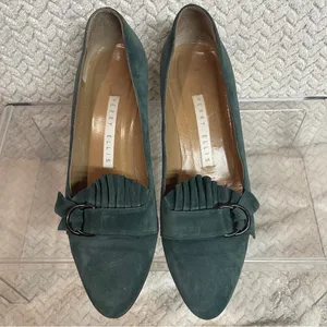 Vintage Perry‎ Ellis Womens 6.5 Classic Teal Suede Kitten Heel Preppy Loafers thumbnail 4