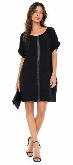 Madewell Leather Edged Easy Shirt Shift Mini Dress Solid Black Edgy LBD Size M thumbnail 1