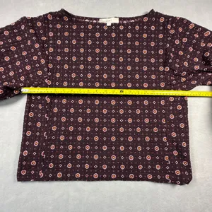Loft Women Burgundy Floral Medallion Puff Sleeve Textured Blouse Size L thumbnail 7