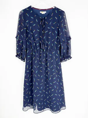 Boden Iona Rainbow Print Tie‎ Front 3/4 Sleeve Chiffon Knee Length Dress 6 Blue thumbnail 2