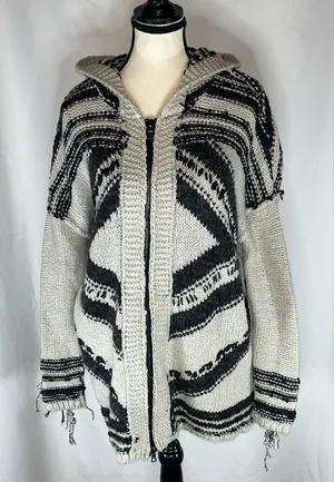 Free People Full Zip Hooded Fringe Aztec Southwestern Cardigan Sweater Large thumbnail 1