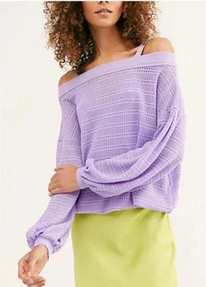 FREE PEOPLE Lilac Sistine Hacci Sweater TOP off shoulder size medium thumbnail 1