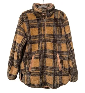 Pink Lily Quarter Zip Pullover Brown Plaid Faux Fur Teddy Sherpa‎ Fleece Women S thumbnail 1