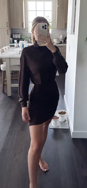 Anrabess Ribbed Mock-Neck Mini Dress in Dark Brown (Size XS) thumbnail 1