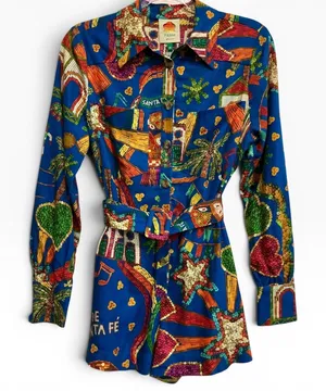 Farm Rio Folk Party Belted Romper Blue Playsuit Linen Blend Long Sleeve XS NWT‎ thumbnail 1