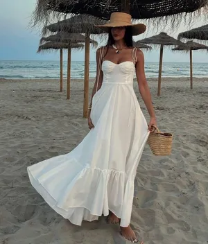 Zara dress maxi poplin ruffle flowy white corset bohemian summer vacation thumbnail 3