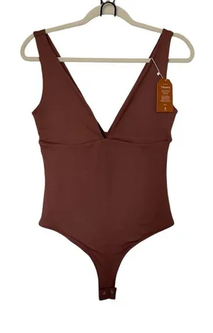 Reoria Medium Mocha Brown Plunge‎ Neckine Minimalist Bodysuit Capsule Wardrobe thumbnail 1