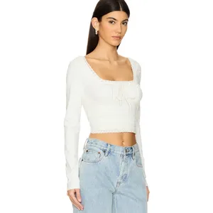 Free People Long Sleeve Lace Trim Crop Top Boho Ivory Size Large NEW thumbnail 2