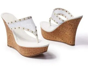Liliana White Cork Wedge Thong Sandals with Stud Accents thumbnail 1