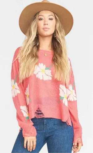 Show Me Your MuMu Coral Pink Floral Distressed Crewneck Sweater Size medium thumbnail 1