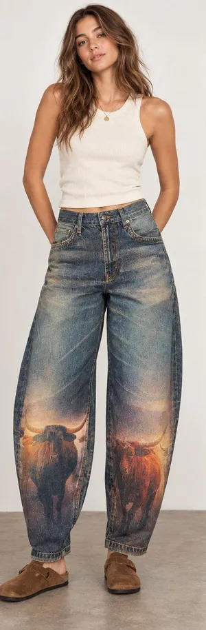 VBRT [XPT894] Long Horn Digital Horse Print Baggy Barrel Jeans NWT Size Small thumbnail 1