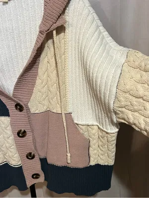 POL Colorblock Cable-Knit Hooded Cardigan - Pink/Navy/Cream thumbnail 7