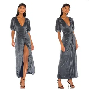 Lovers + Friends NWT Sarai‎ Maxi Dress Short Sleeve Velvet Ribbed Steel Blue thumbnail 2