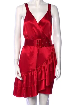 BRONX & BANCO Paloma Belted Silk Mini Dress in Red thumbnail 1