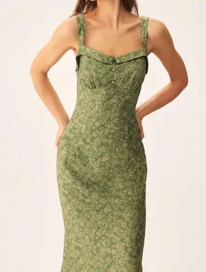 Rihoas Green Floral Square Neck Slip Midi Dress thumbnail 8