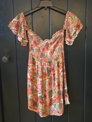 Billabong Peach-Pink Floral Off-Shoulder Mini Dress Medium thumbnail 2
