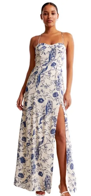 Abercrombie & Fitch Blue White Peacock Toile Maxi Dress XL Lace Up Back Slit thumbnail 1