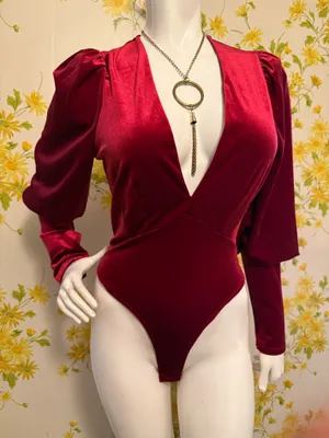 Velvet Deep V Puff Sleeve Bodysuit in Burgundy size M thumbnail 1