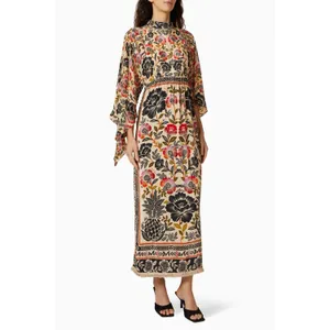 Farm Rio Romantic Garden Tie Sleeve Floral Print Fringed Mock Neck Maxi Dress M thumbnail 2