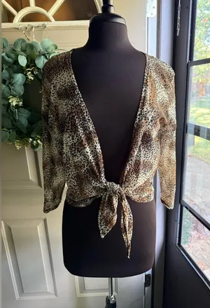 Vintage 90s August Silk mesh wrap tie animal print top, size large thumbnail 1