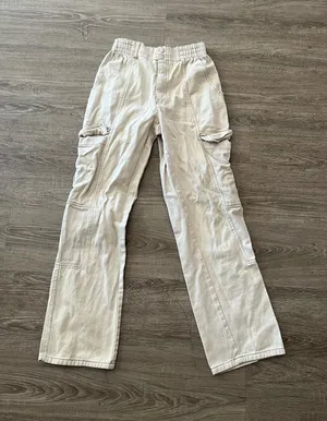 RSQ Wide Leg Baggy Pants Womens Medium Ecru Cargo Elastic Waist Cotton Utility thumbnail 1