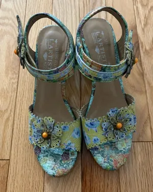 L'ATISTE Multicolor Floral Leather Block Heel Sandals Summer Spring 36 Whimsical thumbnail 1