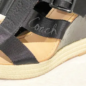 Coach Size 9.5 Black Maryanne Logo Platform Sandal Espadrille Cork Wedge Heels thumbnail 2