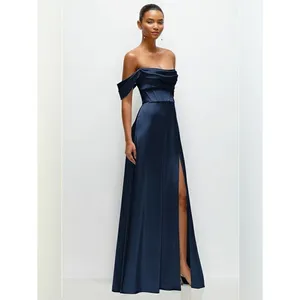 After Six A-Line Satin Maxi Dress Midnight Navy Size 2 Off Shoulder Strapless thumbnail 3