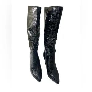 Modatope Black Faux Croc Knee High Boots Edgy Stiletto Heel Pointed Toe Size 6.5 thumbnail 2