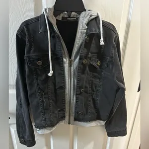 Contraband Black Distressed Denim Jacket w attached gray hoodie medium thumbnail 2