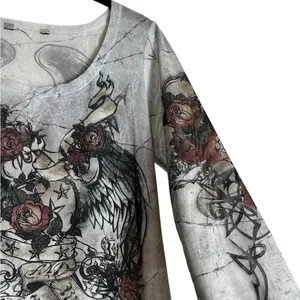 Rock & Republic Womens Y2K Mesh T-Shirt Gray Cross Angel Wings Tattoo Sleeve Grunge Size Med thumbnail 4