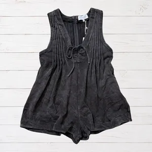 NWT Veveret Mineral Wash French Terry Romper Black Wide Leg V Neck M Boho Grunge thumbnail 2