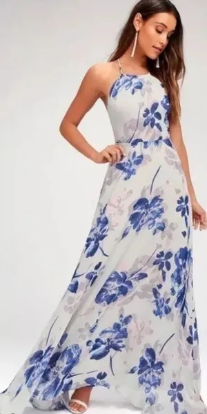 Lulus All I Need Floral Print Lace-Up Maxi‎ Dress in Grey Small thumbnail 1