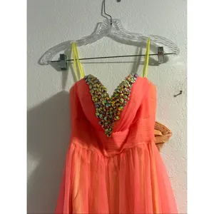 Coral orange ombré beaded tulle prom dress 00 XXS maxi princess thumbnail 2