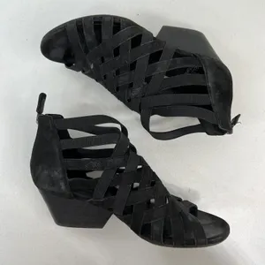 Eileen Fisher 6 Oodle Black Criss Cross Sandal Wedge Nubuck Leather Stacked Heel thumbnail 4