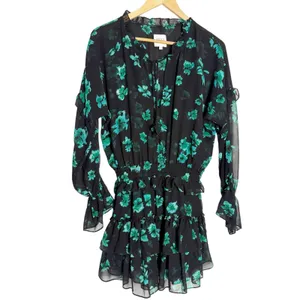 MISA Lolita Black Green Floral Print Long Sleeve V-Neck Ruffled Mini Dress Small thumbnail 2