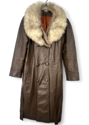 VINTAGE 60's-70's Women's M Penny Lane Fur Collar Leather Trench Coat Jacket thumbnail 1