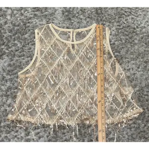 Women’s Sequin Fringe Crop Top Sheer Mesh Party Festival Shirt Approx Size S thumbnail 8