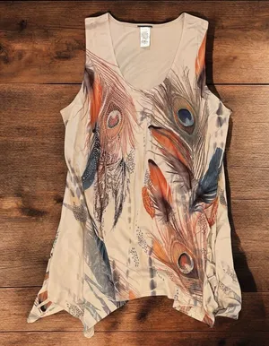 JOSTAR Women’s Peacock Feather Print Tunic Sleeveless Top. Size Medium thumbnail 1