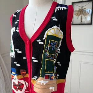 Vintage OHI Christmas Appliqué Embroidered Button Front Sweater Vest S thumbnail 5