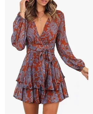 NEW V Neck Ruffle Chiffon Tie Knot Mini L Swing Skater Dress XL thumbnail 1