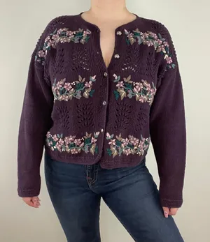 Christopher & Banks Vintage 90’s Purple Hand Embroidered Floral Knit Sweater thumbnail 1