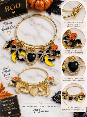 NEW Halloween Spooky Charm Bracelet Gold Rhinestone Bat Cat Witch Moon thumbnail 9