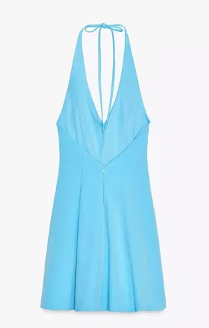 Zara blue fitted mini halter dress evening party wedding coctail ruffled thumbnail 14