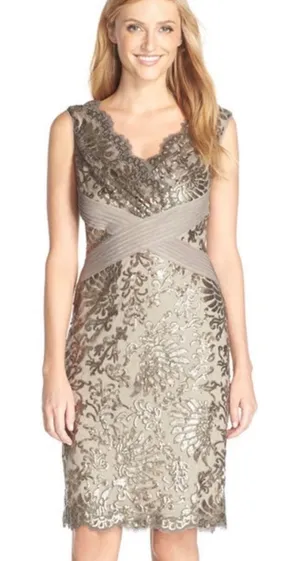 Tadashi Shoji Sequin Embroidered Sheath Dress Sz 6 Lace Cocktail Formal‎ Luxury thumbnail 1