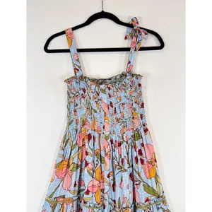 Poupette St Barth Dress Blue Midi Kleid Triny Floral Tank Tiered Smocked Boho XS thumbnail 6